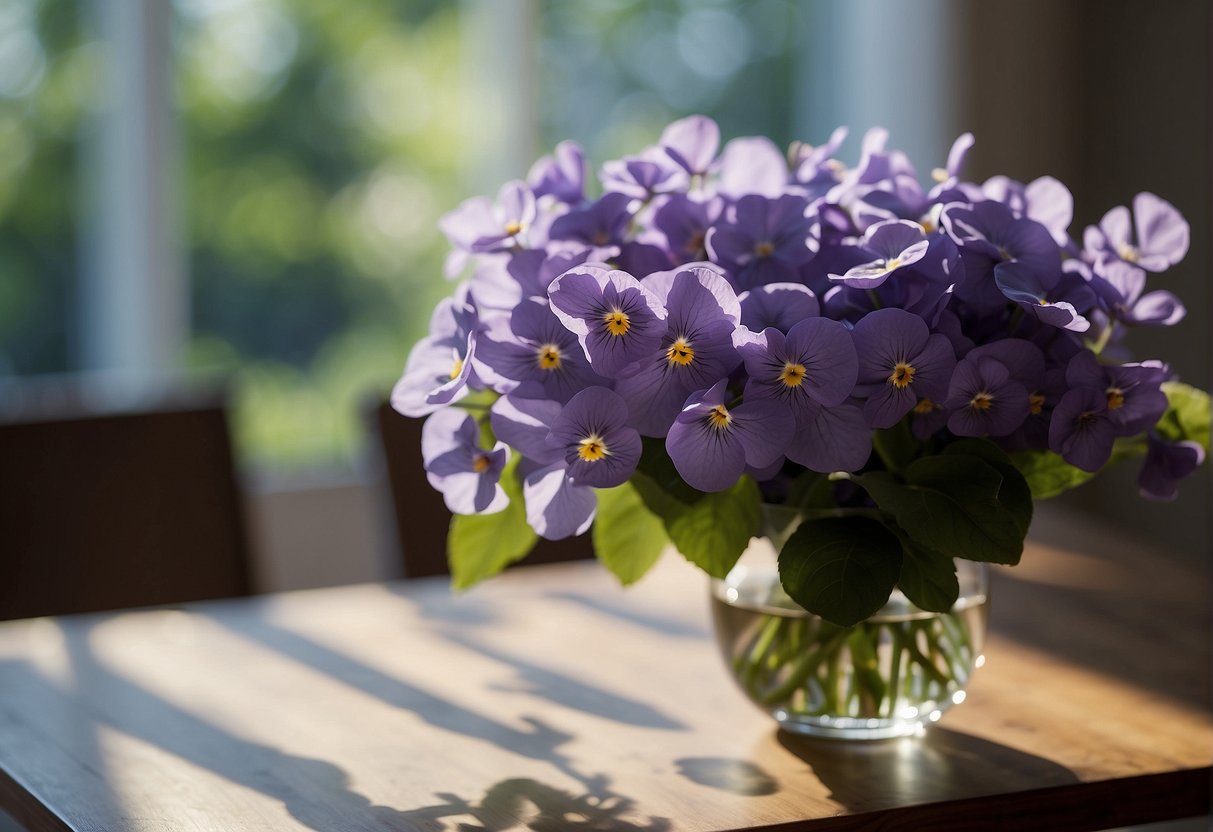 Violets arranged in a bouquet with other flowers and greenery, positioned in a vase on a table