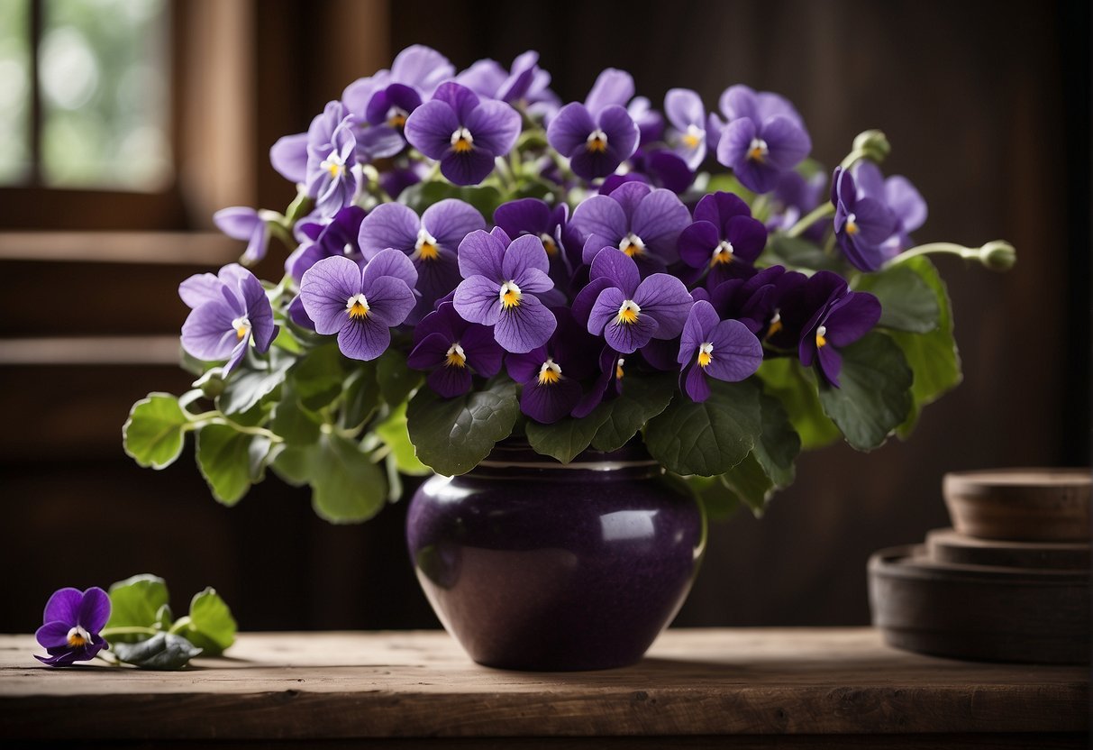 A vase of violets sits on a rustic wooden table, surrounded by other delicate flowers and greenery. The violets are arranged in a loose, natural style, with their deep purple petals adding a pop of color to the arrangement