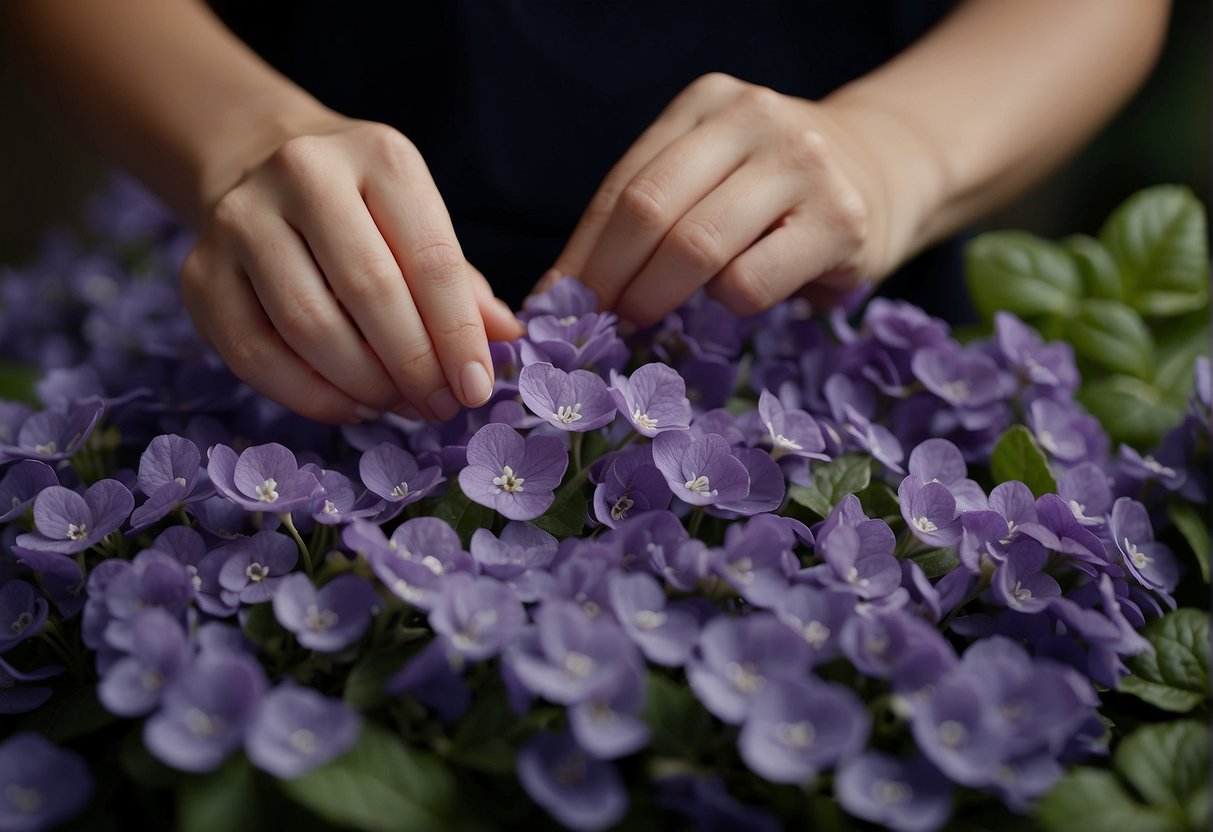 A pair of delicate hands carefully arranging violets in a floral design, showcasing the technical aspects of violet care in the art of flower arrangement