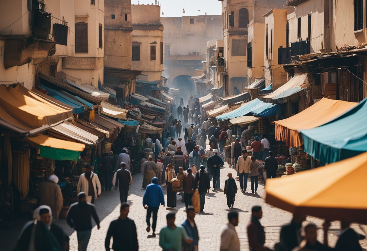 A bustling street in Rabat, Morocco, with colorful market stalls, historic architecture, and people going about their daily activities
