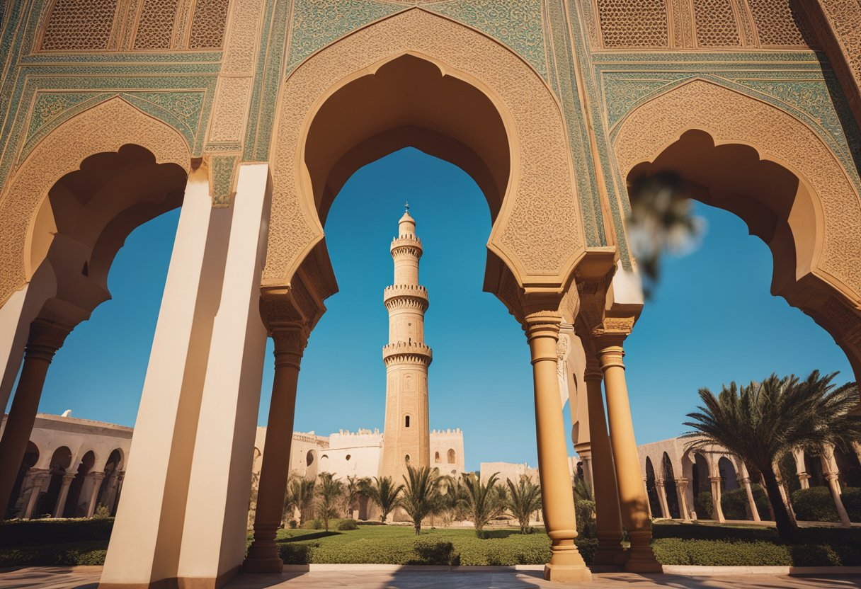 A historic monument in Rabat, with intricate architecture and vibrant colors, stands against a clear blue sky