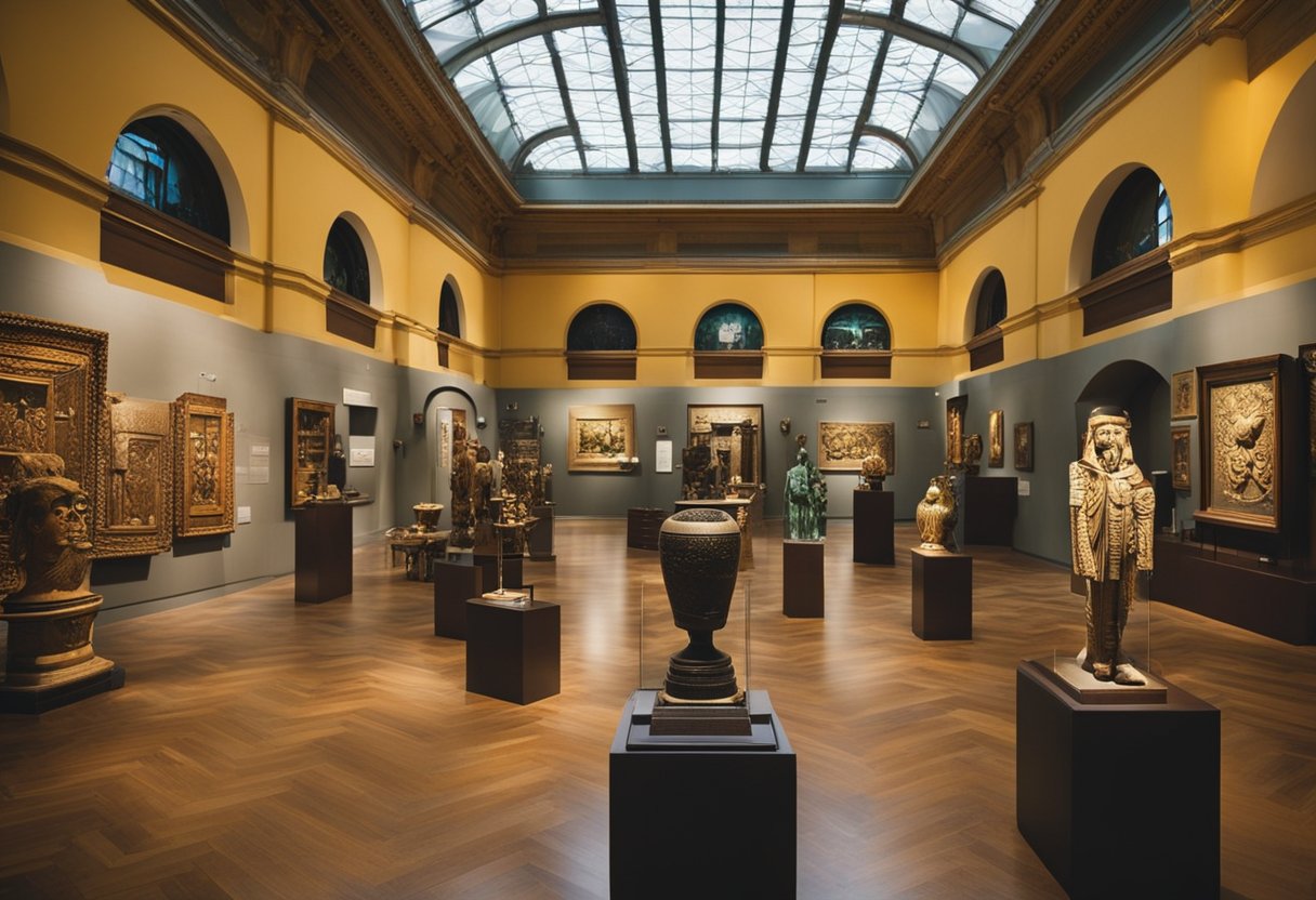 An array of art and artifacts fill the museum halls, with vibrant colors and intricate details on display