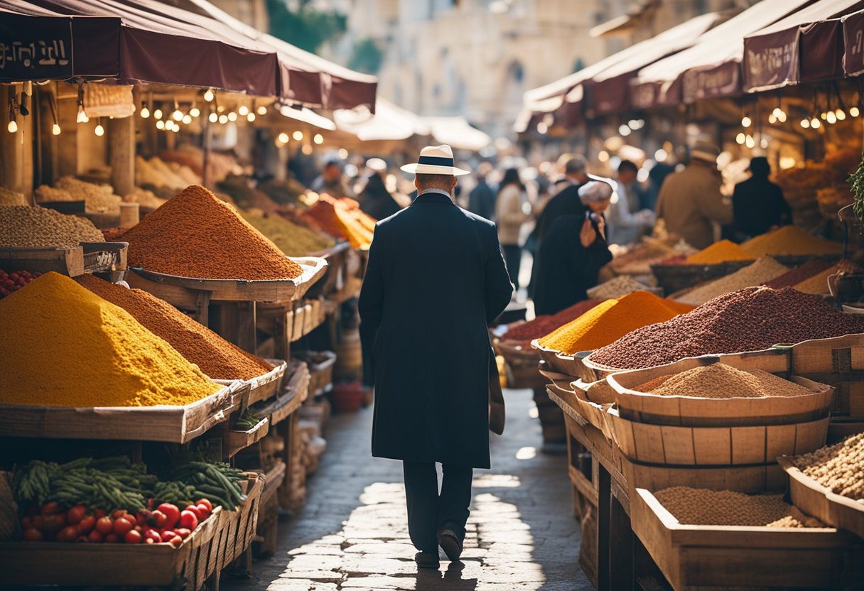 A vibrant market in Jerusalem, with colorful spices, fresh produce, and lively vendors. The Western Wall stands tall in the background, a symbol of the country's rich history