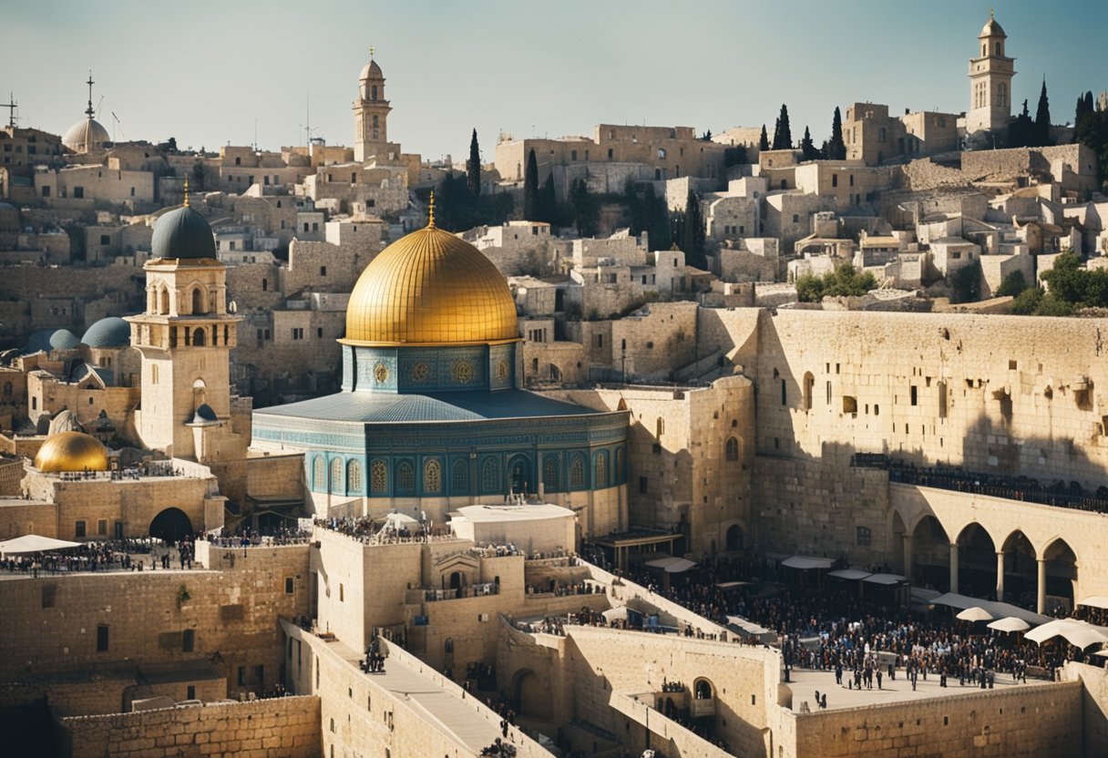 Religious sites in Israel, including the Western Wall, Dome of the Rock, and Church of the Holy Sepulchre, surrounded by ancient architecture and bustling with pilgrims