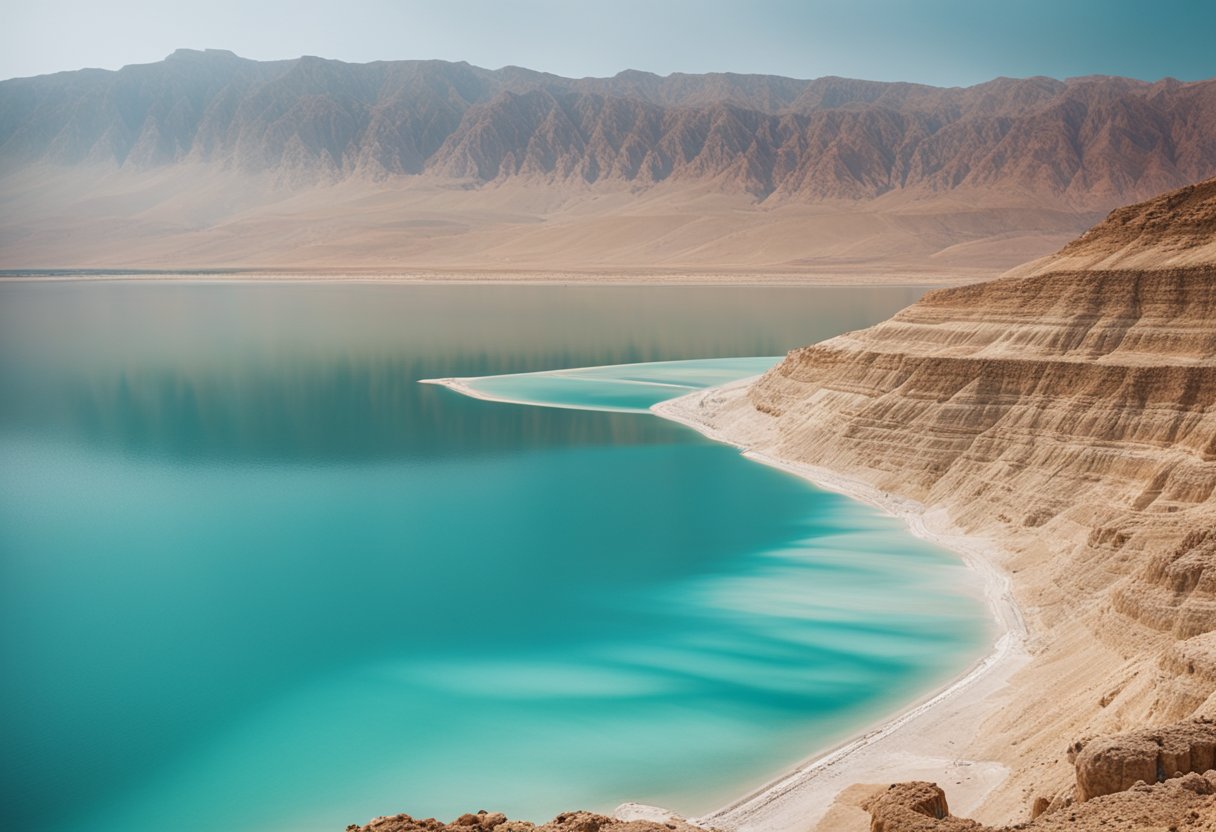 A breathtaking view of the Dead Sea, with its turquoise waters and salt formations, nestled between the rugged desert mountains of Israel