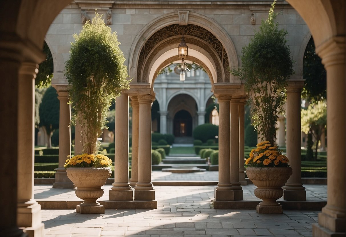 In a grand Renaissance garden, intricate floral arrangements adorn ornate vases and archways, reflecting the era's emphasis on symmetry and natural beauty