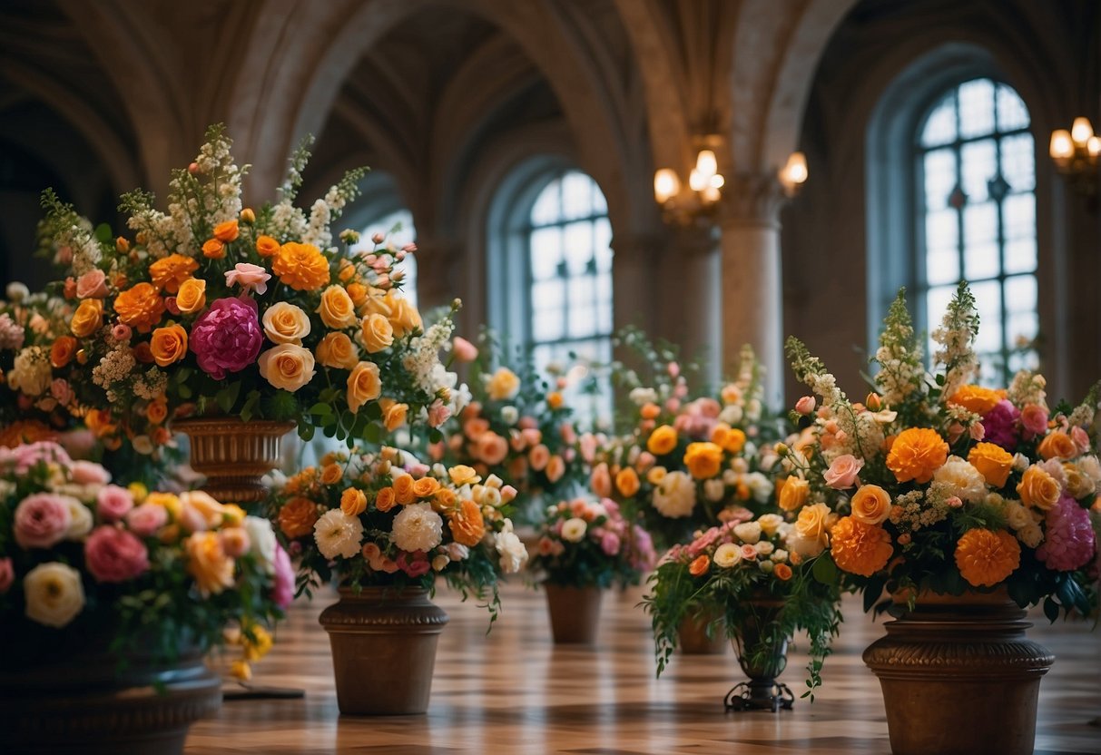 Vibrant floral arrangements fill a grand hall, reflecting the Renaissance's emphasis on nature and beauty. Intricate patterns and rich colors showcase the era's influence on floral design