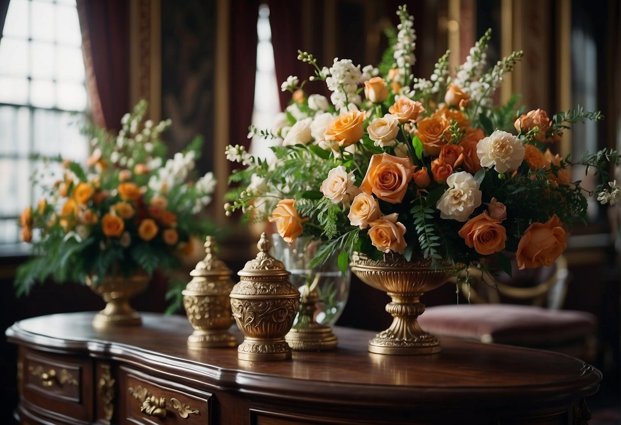 Lush, intricate floral arrangements adorn ornate Victorian interiors, reflecting opulence and romanticism. Rich colors and varied textures convey the era's influence on floral design