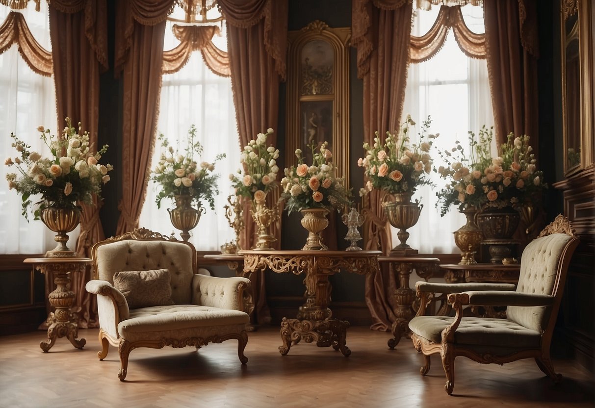Lavish Victorian parlor with ornate furniture and drapes, adorned with elaborate floral arrangements in opulent vases and urns