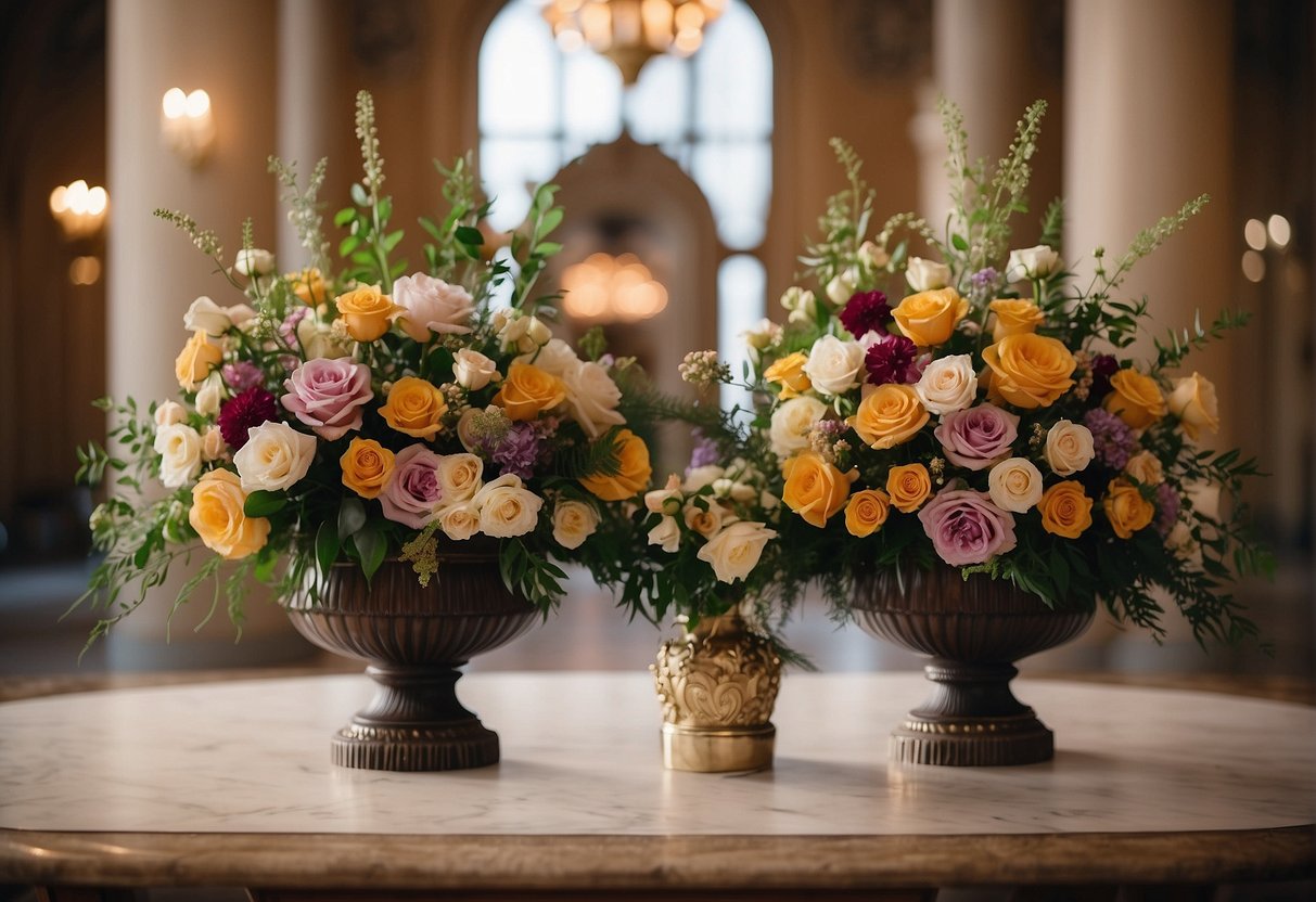 Victorian era floral arrangements displayed in a grand ballroom with ornate vases and intricate bouquets. Rich, vibrant colors and delicate blooms fill the space