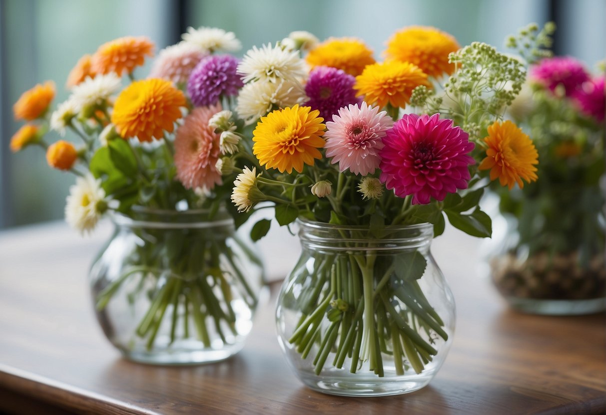 A variety of flowers arranged in a balanced composition, with different colors and shapes blending together seamlessly