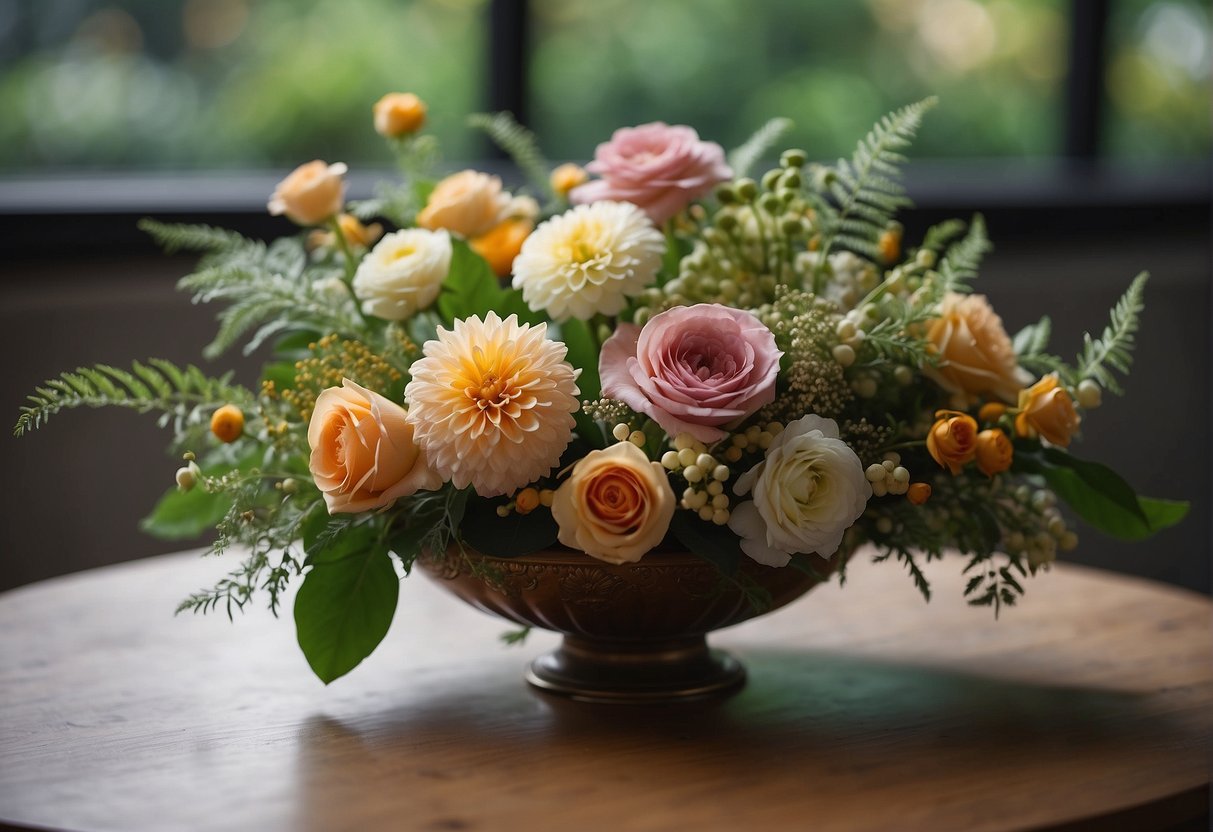 A floral arrangement sits on a table, with various flowers and foliage arranged in a balanced and harmonious composition, creating depth and dimension within the space