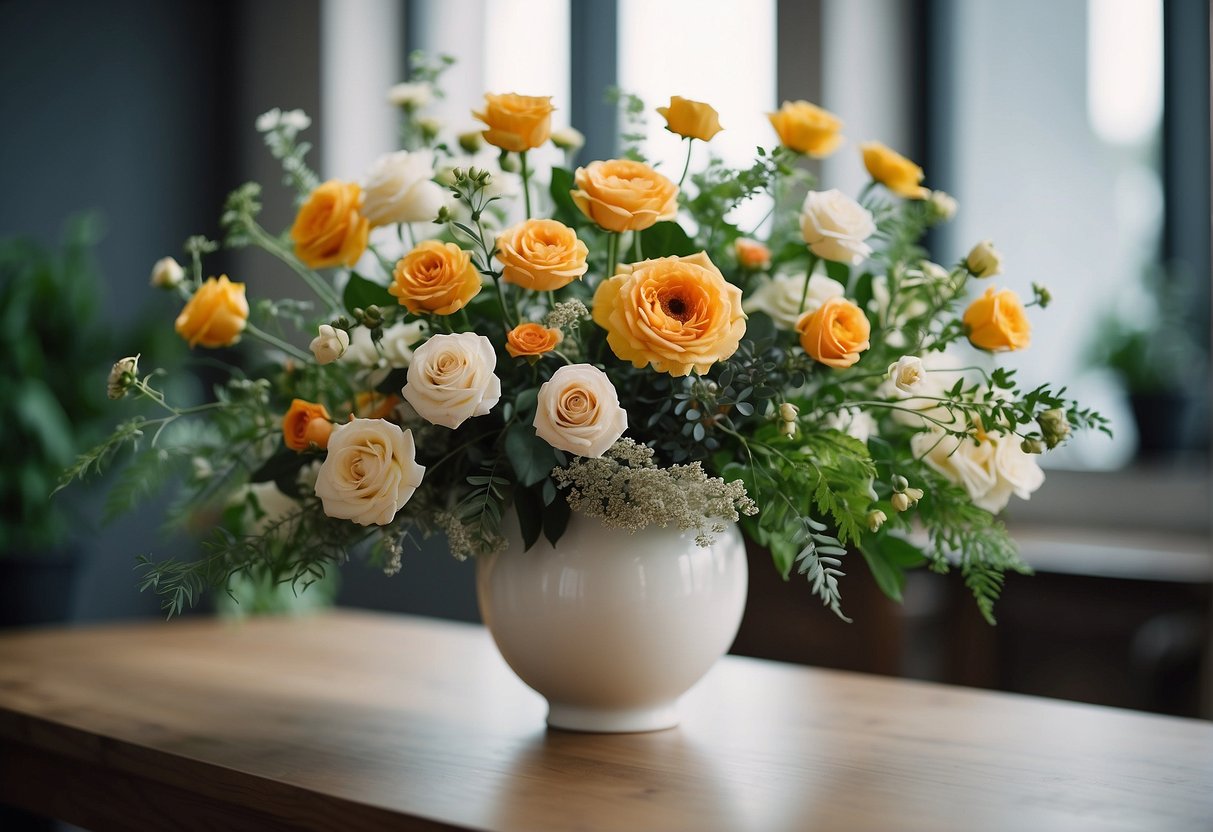 A floral arrangement sits on a table, with varying heights and depths creating a sense of space within the design. The use of negative space enhances the overall composition