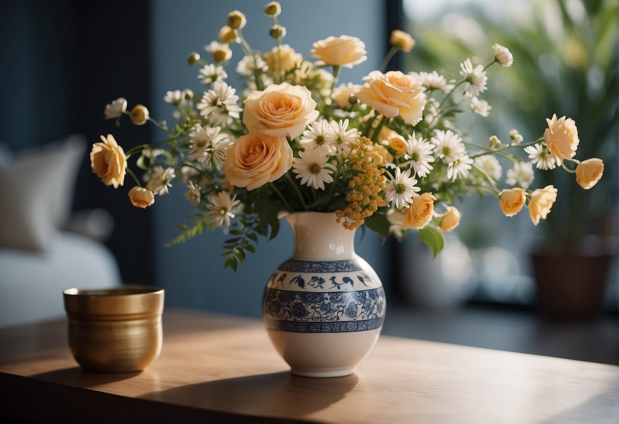 A vase of flowers surrounded by empty space, emphasizing the balance and harmony of floral design