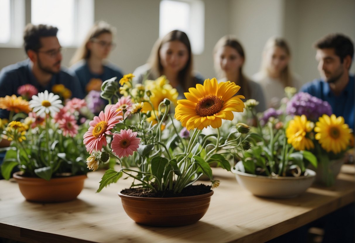 A colorful array of flowers, arranged in intricate patterns, sits atop a table in a bustling agricultural classroom. Students eagerly listen as the instructor discusses the economic and educational aspects of floral design in agriculture