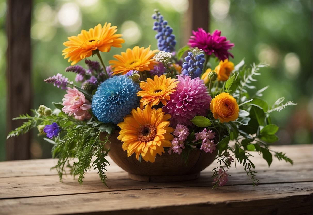 A vibrant floral arrangement sits atop a rustic wooden table, surrounded by lush greenery and blooming flowers, showcasing the connection between floral design and agriculture