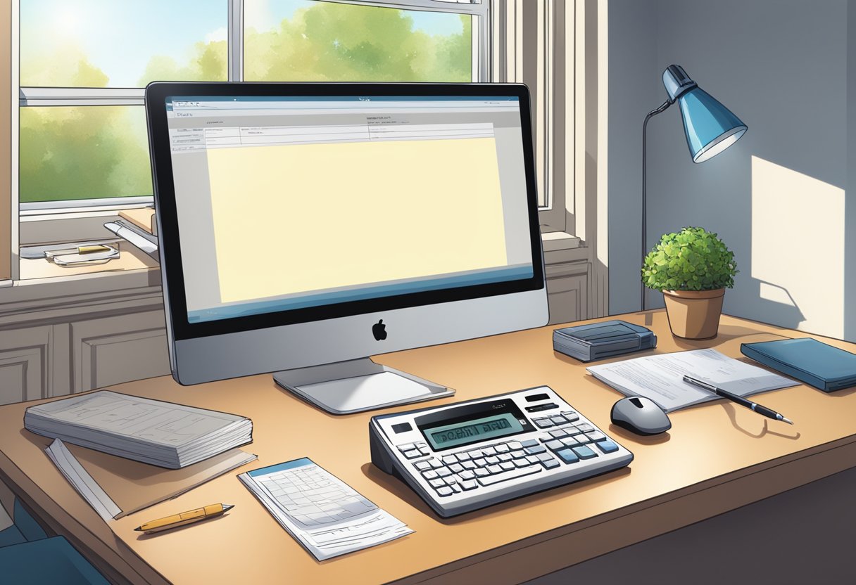 A desk with a computer, calculator, and IRS 1040X form. Light from a window illuminates the scene