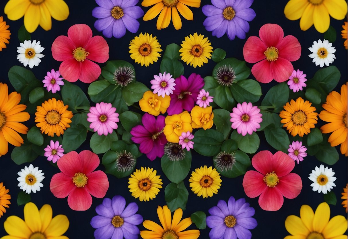 Vibrant flowers arranged in a symmetrical pattern, with various shapes and sizes creating a balanced and visually appealing composition