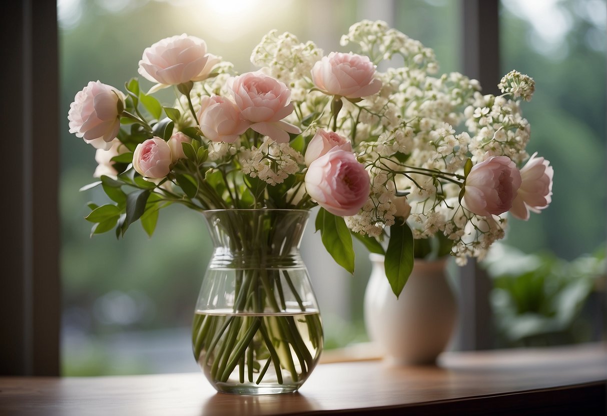 Blooms arranged in a vase, stems cut and positioned, petals and leaves balanced for a harmonious composition