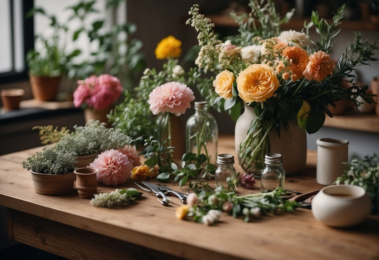 A floral designer arranging blooms in a vase, surrounded by various types of flowers, foliage, and tools on a wooden table