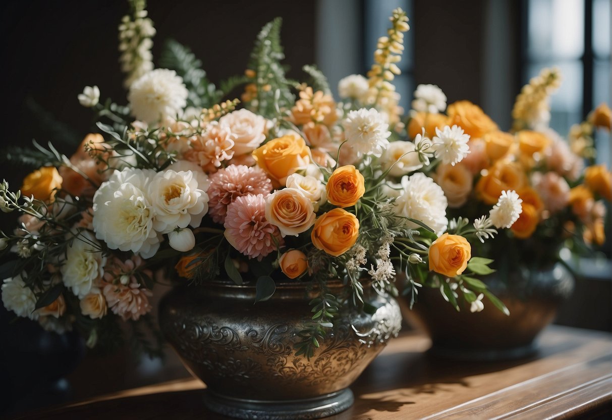 Floral arrangements evolve: ancient garlands to modern bouquets. Show diverse styles, colors, and materials. Capture historical and contemporary influences