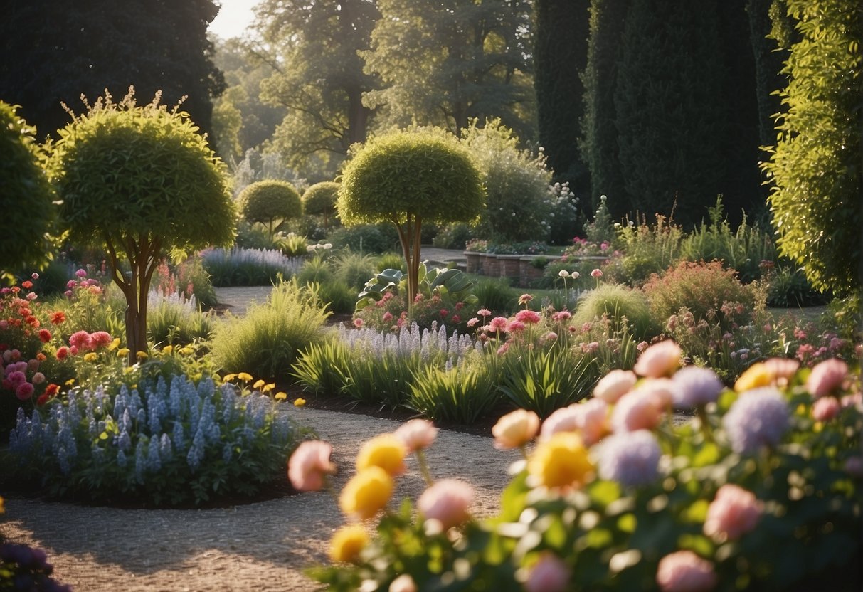 A garden with a mix of traditional and modern floral arrangements, showcasing the evolution of design principles and artistic elements over time