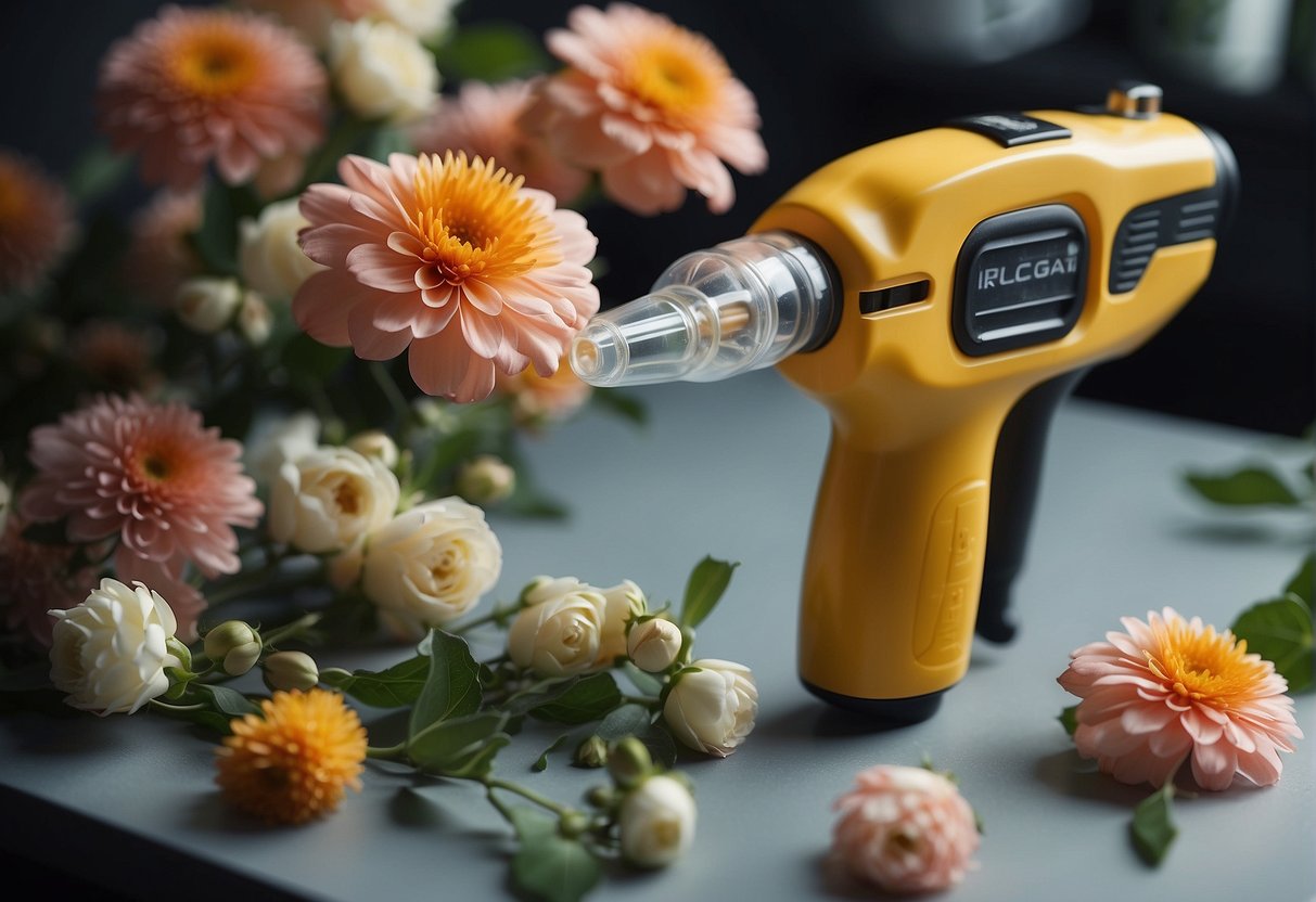 A glue gun applies adhesive to secure floral elements in a design