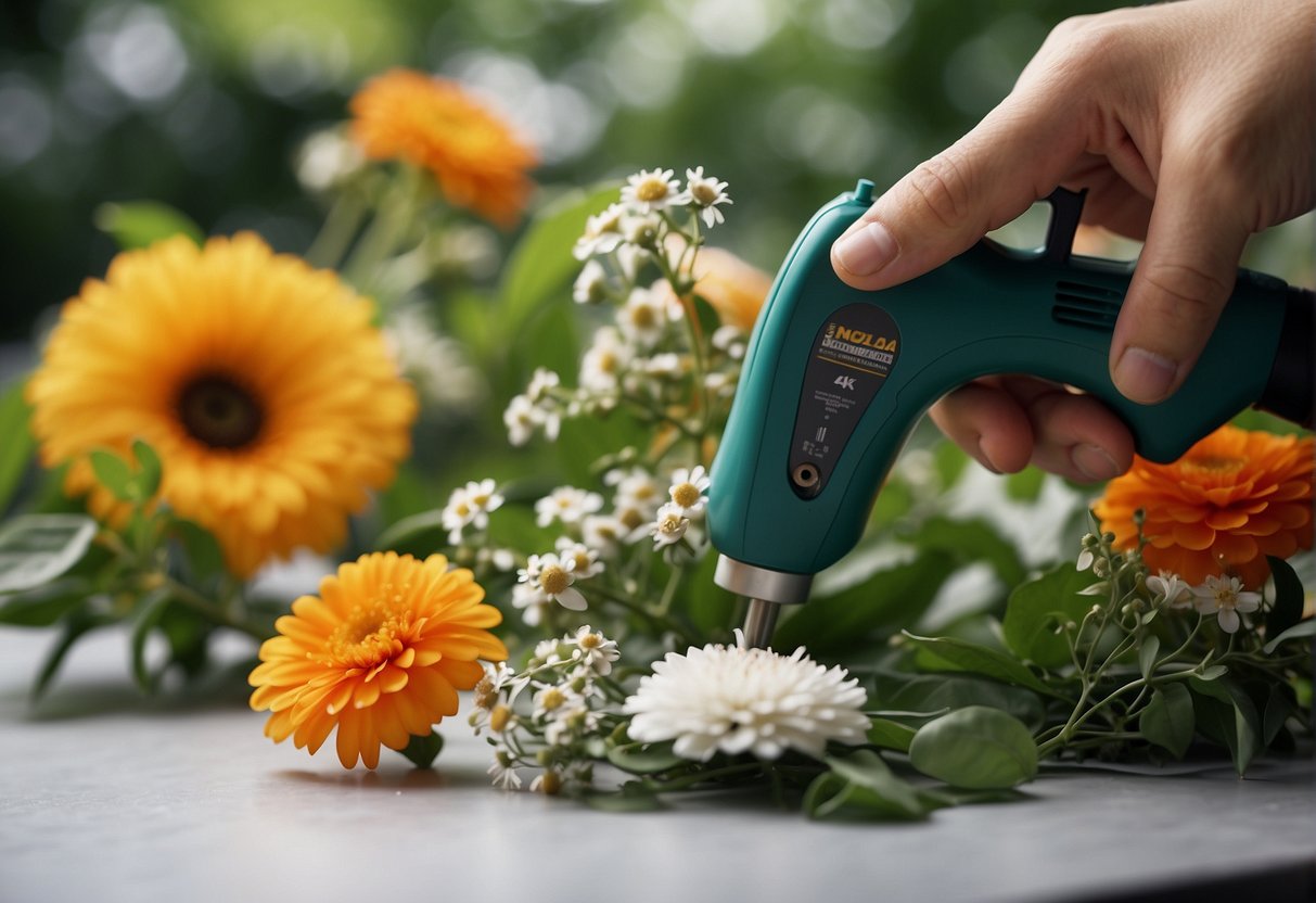 A glue gun is held by a hand, applying adhesive to attach floral elements in a design. A variety of flowers and greenery are arranged on a table