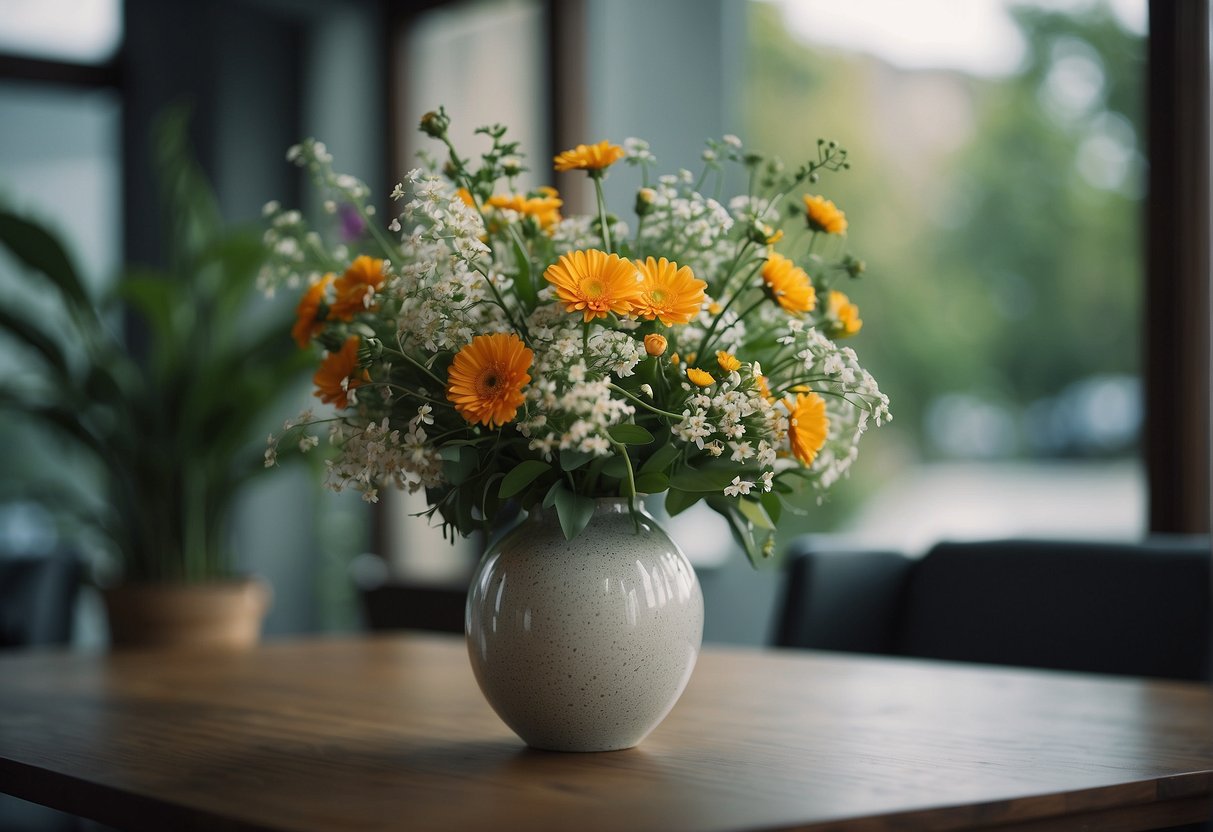A vase with a mix of tall and short flowers, evenly distributed. Foliage fills gaps. Colors and textures complement each other