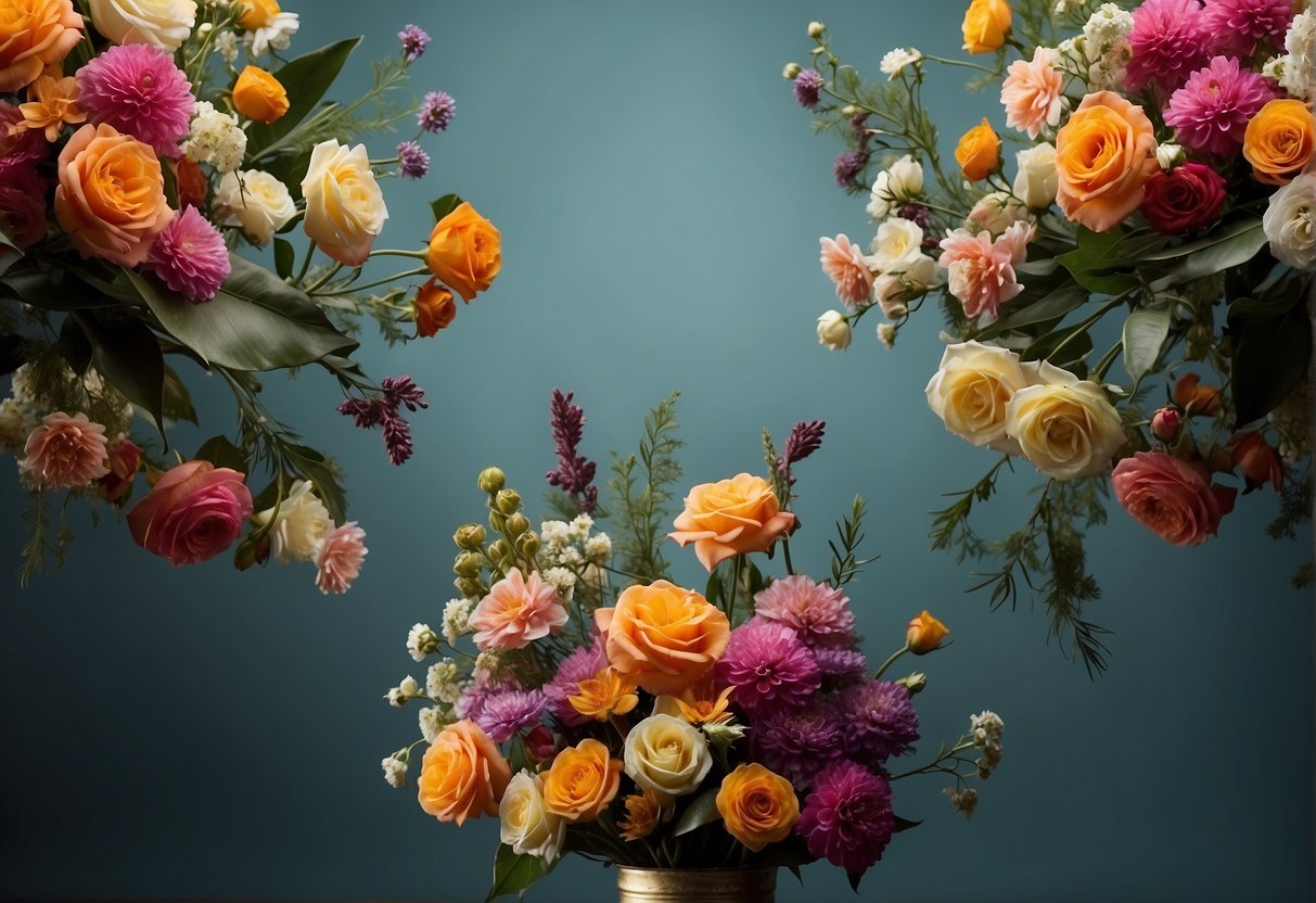 A floral arrangement with equal visual weight on both sides, using varying heights and colors to create balance