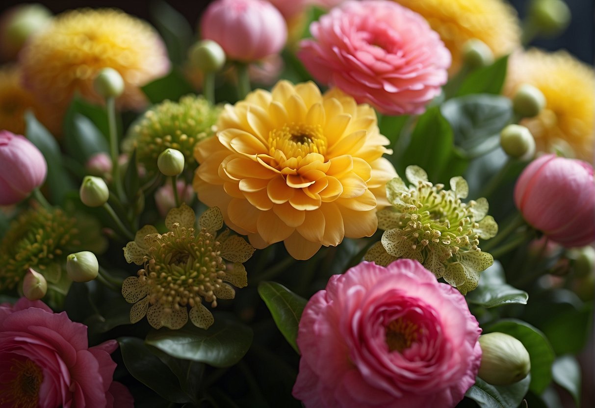 Vibrant hues of pink, yellow, and green intertwine in a floral arrangement, creating a harmonious and eye-catching display