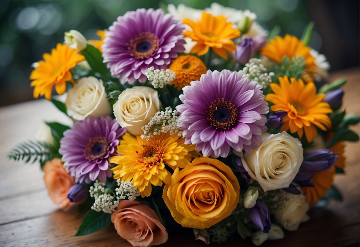A vibrant bouquet of assorted flowers arranged in a harmonious blend of colors, showcasing the use of color in floral design