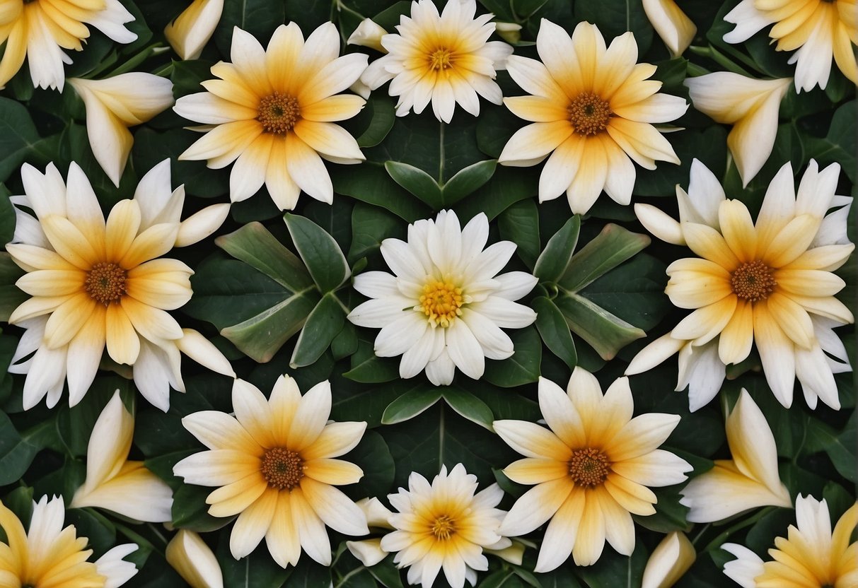 Various shapes and angles of flowers and foliage arranged in a symmetrical pattern, showcasing the use of geometry in floral design