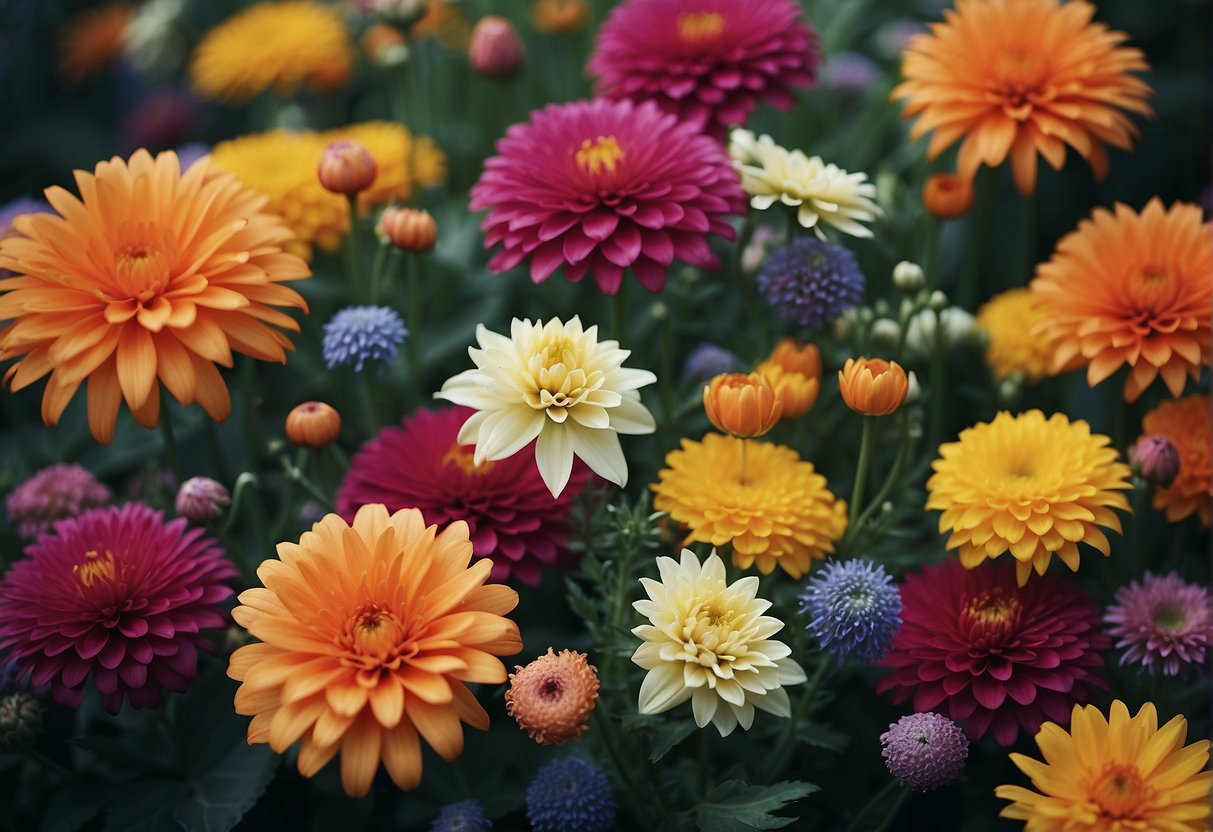 A variety of flowers in complementary colors arranged in a balanced and pleasing composition, demonstrating the use of harmony in floral design
