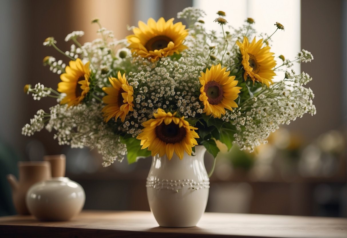 A vase holds a single large sunflower surrounded by smaller daisies and baby's breath, demonstrating the use of proportion in floral design