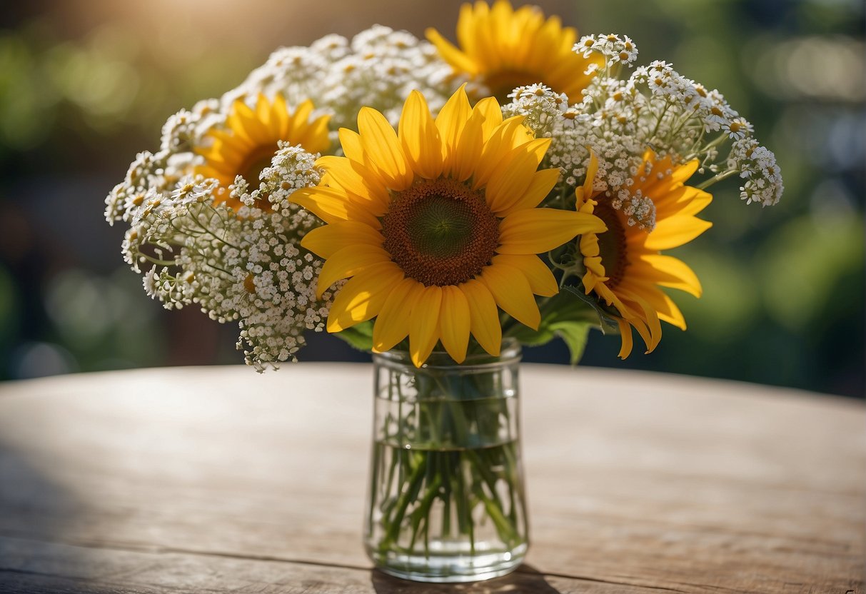 A vase holds a tall sunflower, surrounded by smaller daisies and baby's breath. The sunflower is approximately three times the height of the daisies, adhering to the principle of proportion in floral design