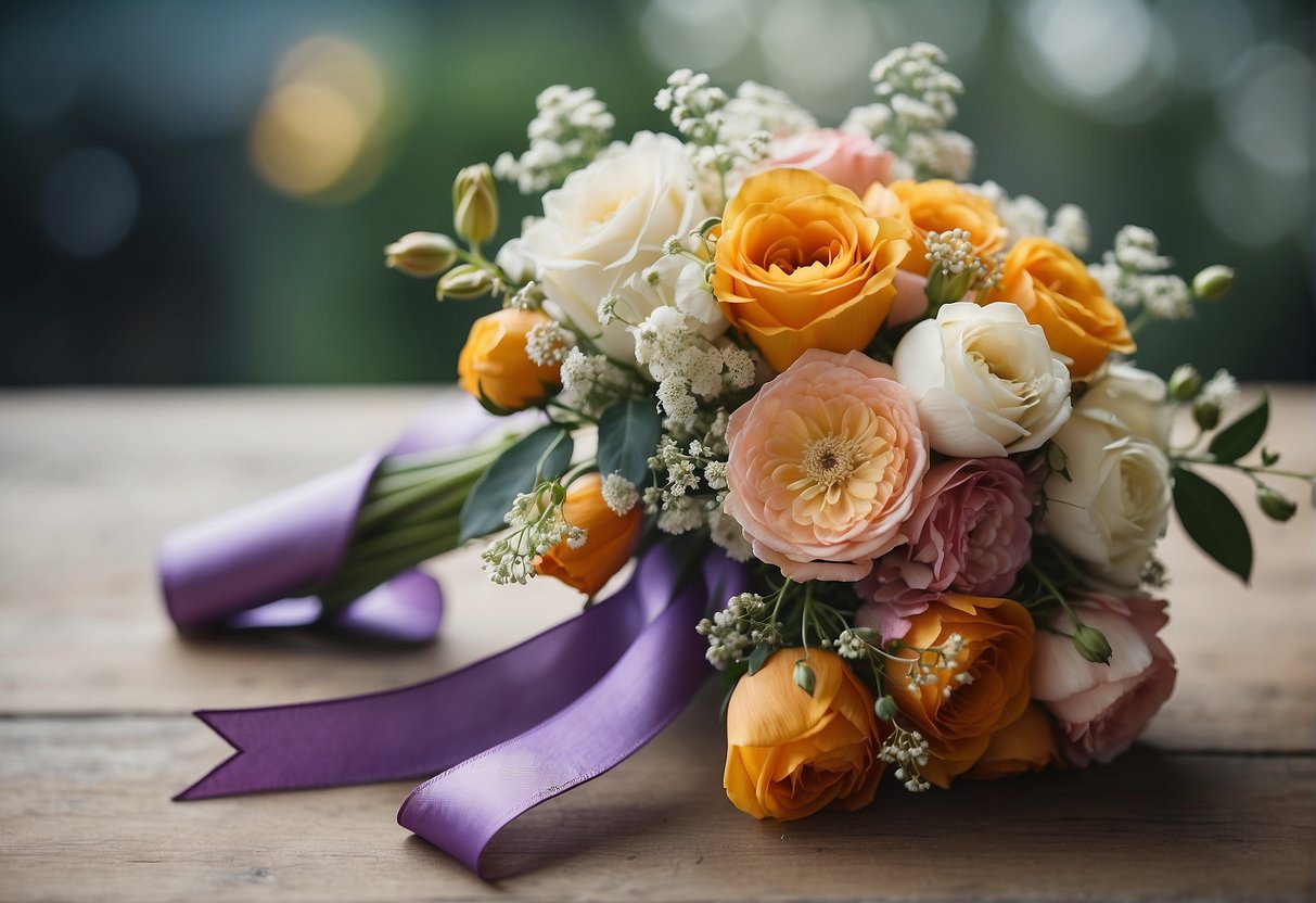 A ribbon is tied around a bouquet of flowers, adding a decorative touch and creating a focal point in the floral design