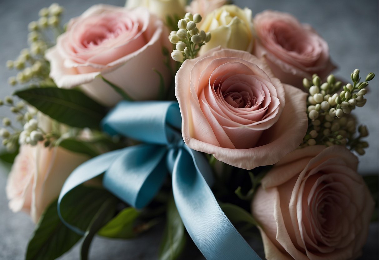 Ribbon is elegantly tied around a bouquet, adding color and texture to the floral design