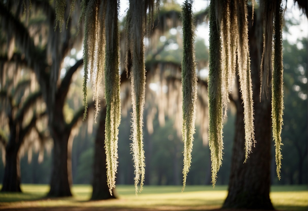 Spanish moss drapes gracefully from oak branches, adding texture and movement to the landscape. It is often used in floral design to create a natural, rustic look, symbolizing the cultural and environmental significance of the South