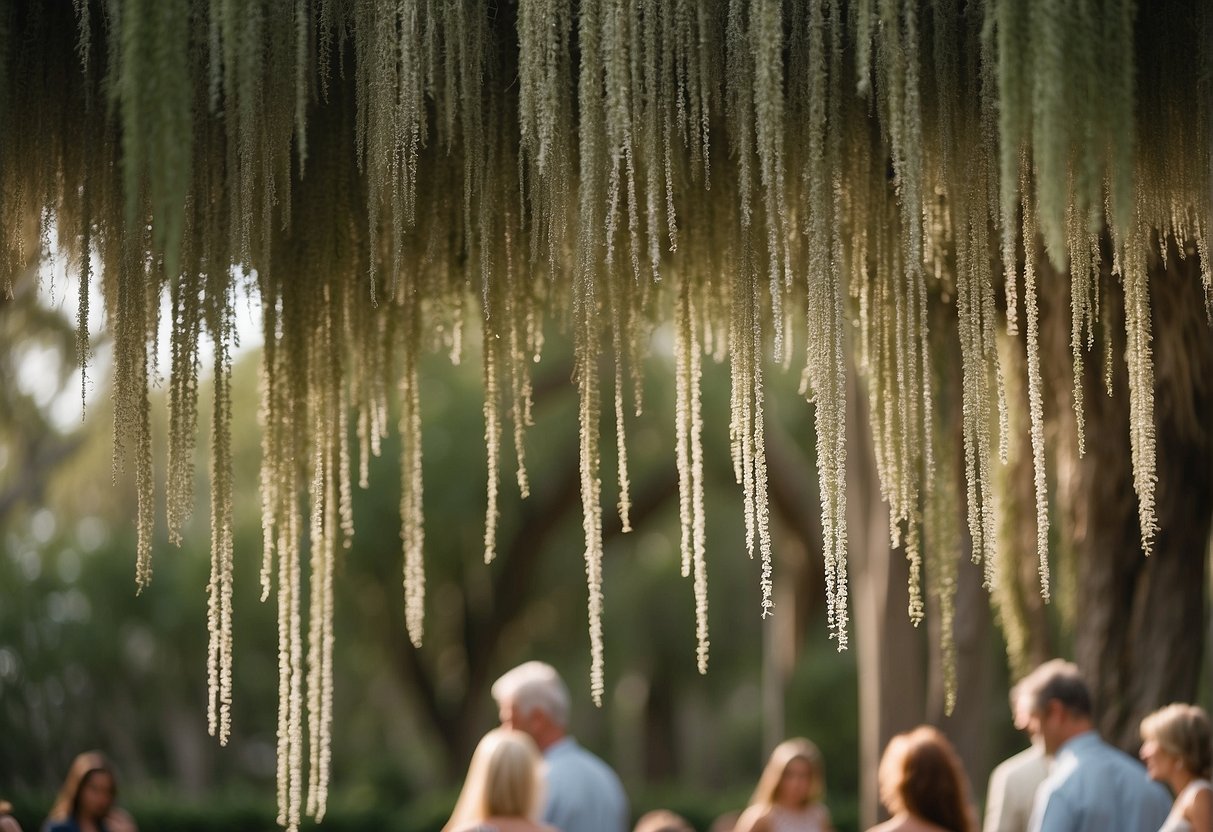 Spanish moss drapes elegantly from a floral arrangement, adding a touch of natural beauty and texture. It is carefully intertwined among the flowers, creating a whimsical and romantic atmosphere