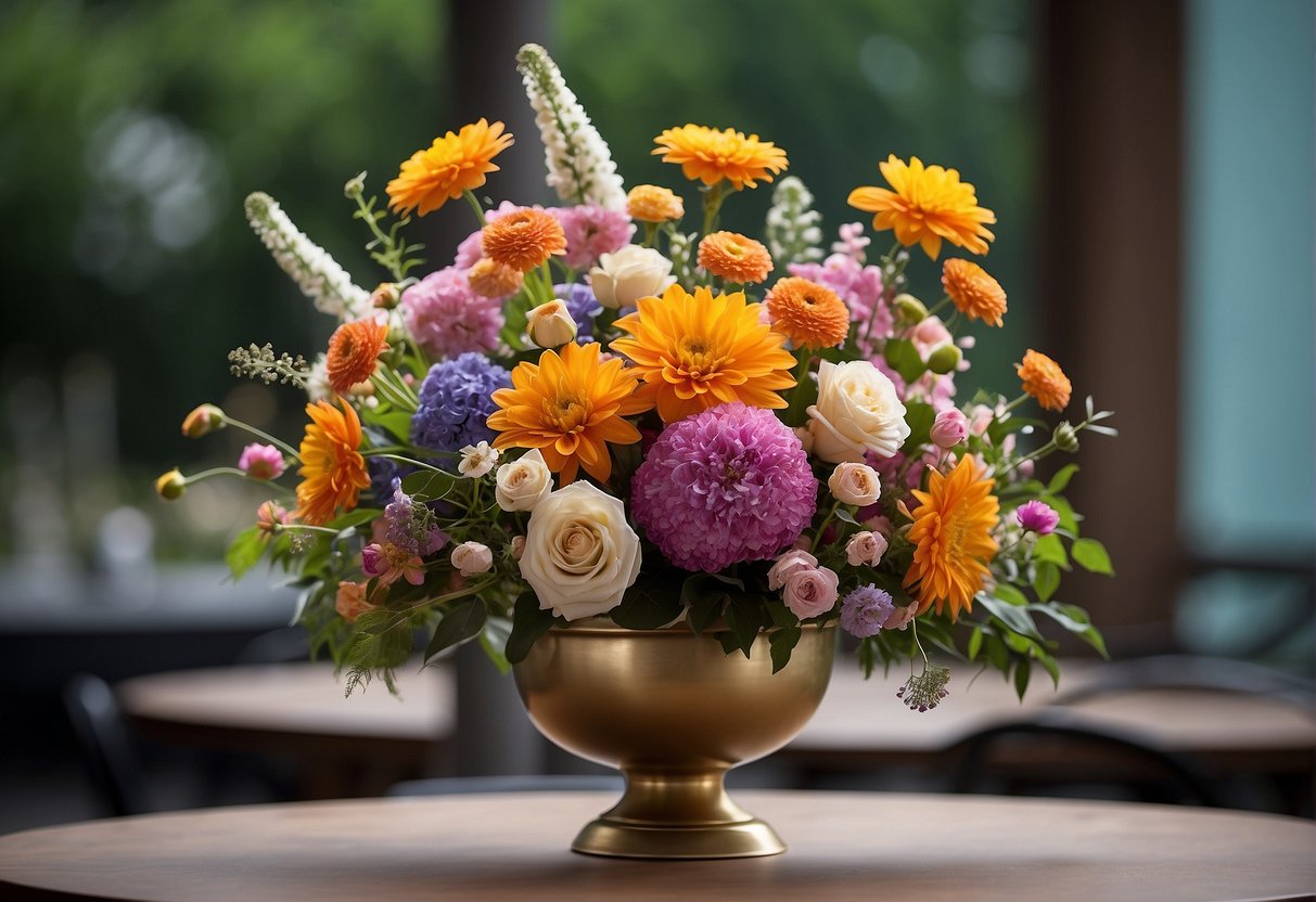 A large, vibrant floral arrangement stands on a small table, contrasting with the surrounding space. The flowers are oversized, creating a striking visual impact