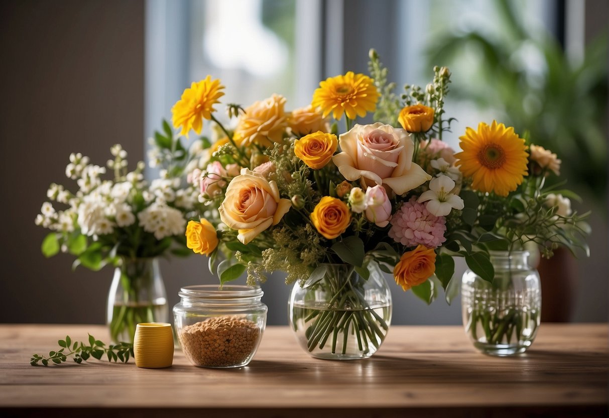 A variety of floral arrangements in different sizes, from small bouquets to large centerpieces, displayed on a table with a ruler nearby for measuring