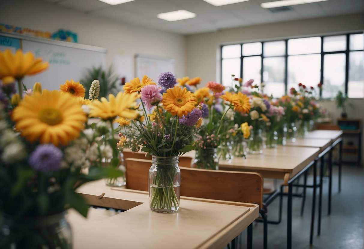 A classroom filled with students arranging flowers, surrounded by colorful blooms and vases. A whiteboard displays "Floral Design School" in bold lettering
