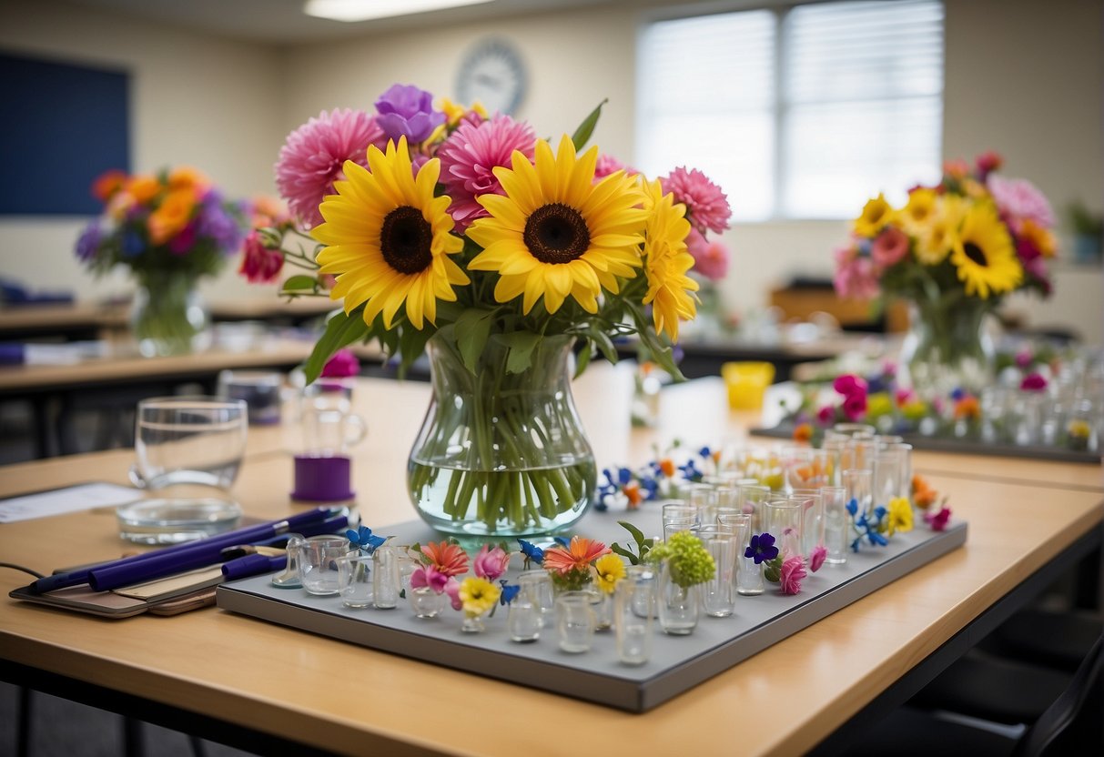 A classroom filled with colorful flowers, vases, and design tools. A whiteboard displays "Floral Design Education" with students working on intricate arrangements
