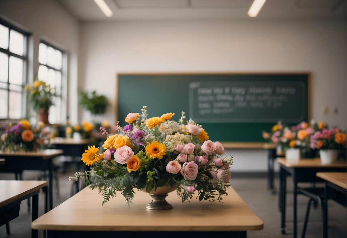 A classroom with floral arrangements, tools, and a whiteboard with "How long is floral design school?" written on it