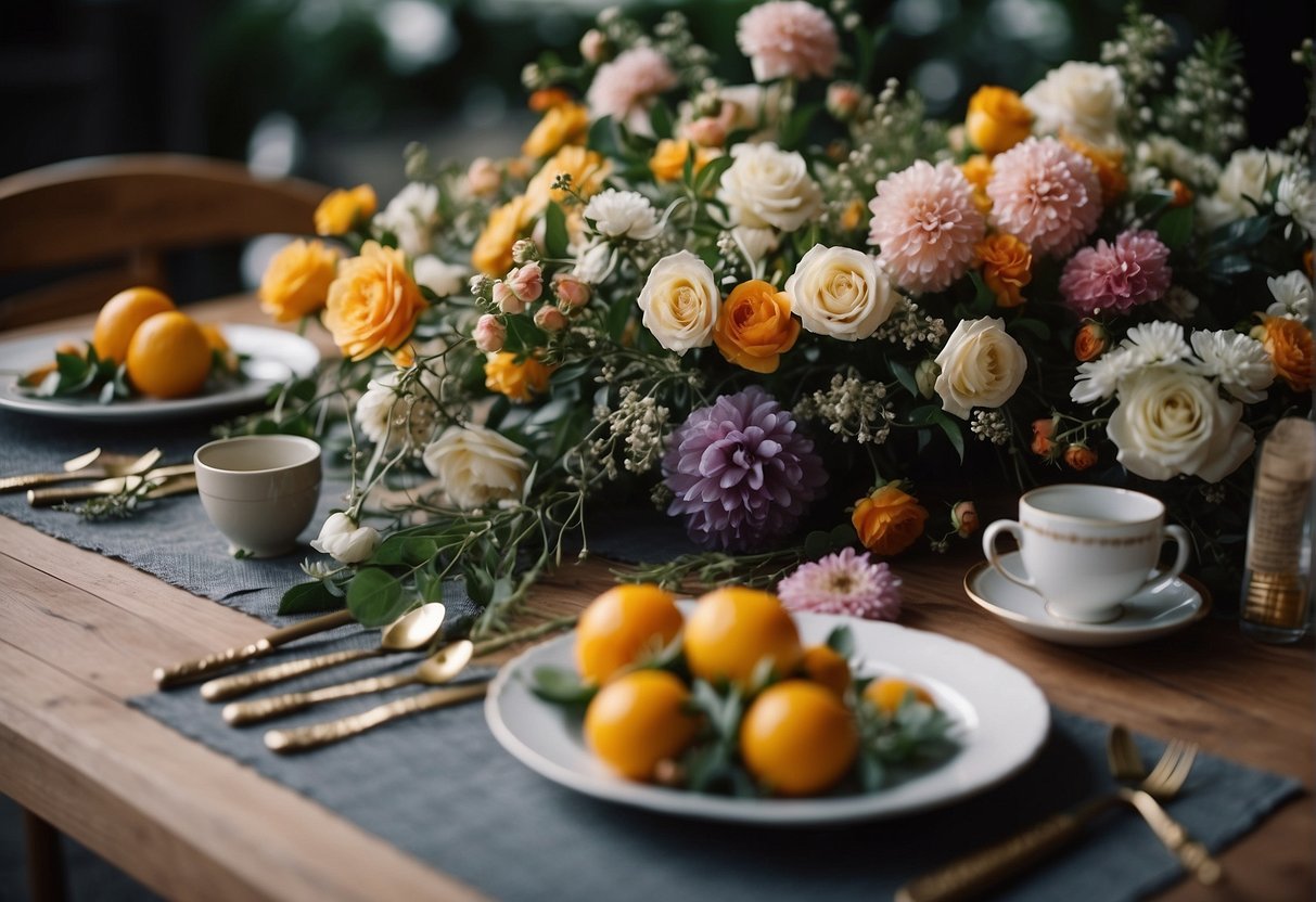A table with various floral elements: flowers, foliage, branches, and decorative accents arranged for a floral design