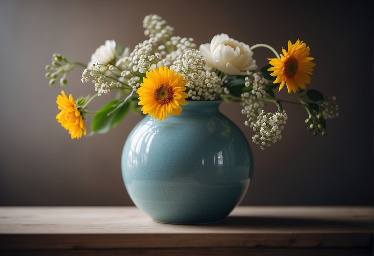 A vase holds five elements of floral design: line, form, space, texture, and color