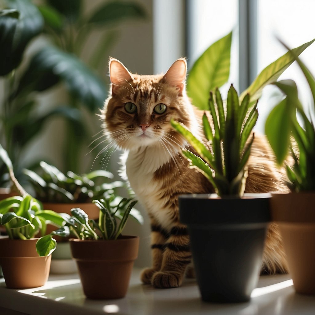 Lush green houseplants sit on shelves, surrounded by soft natural light. A curious cat sniffs at the leaves, while a book titled "Understanding Houseplants and Their Environment" lays open nearby