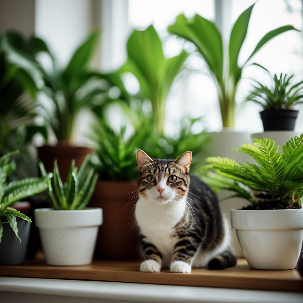 Lush green houseplants sit on shelves, with a curious cat sniffing around them. A variety of safe plants are showcased, including spider plants, Boston ferns, and African violets