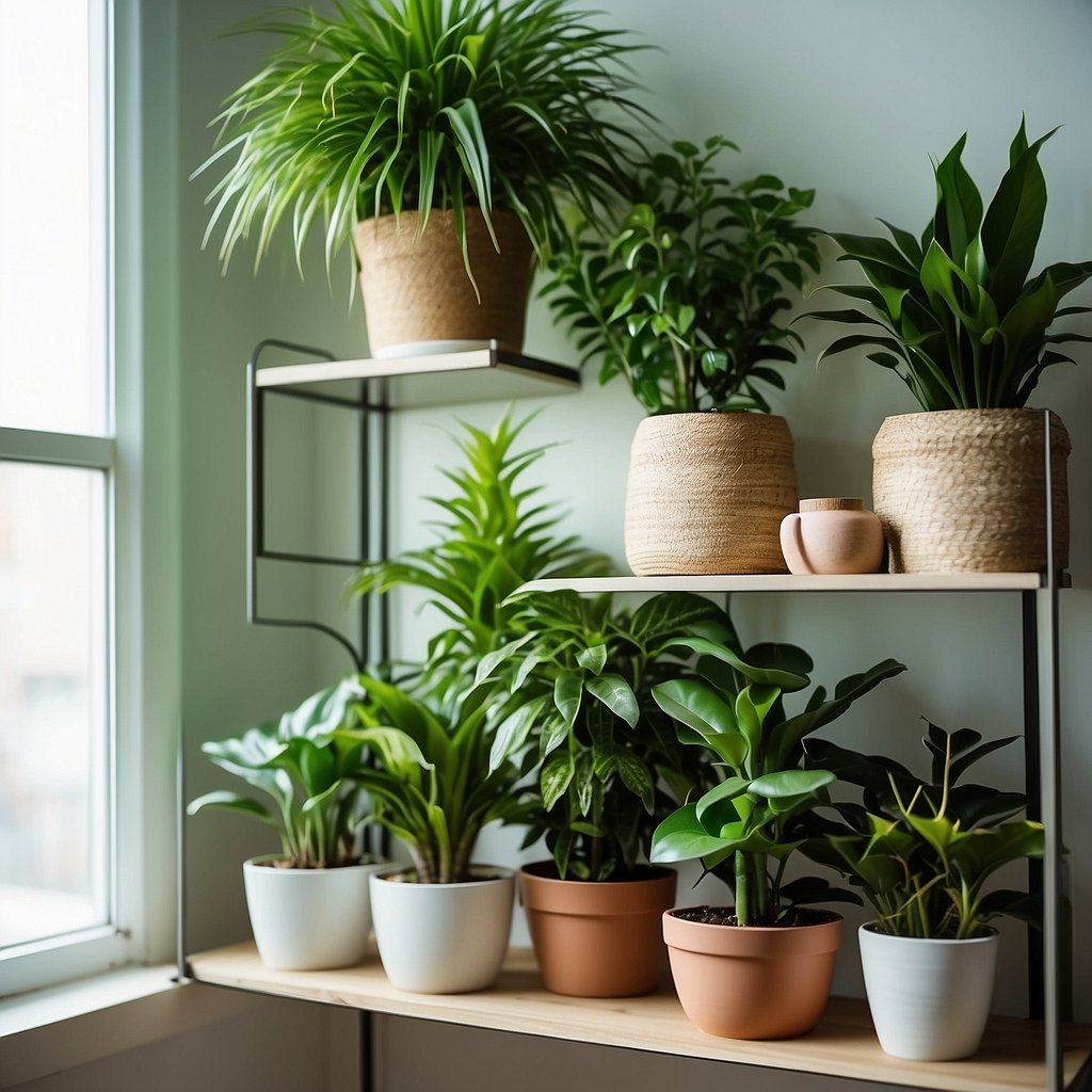 Lush green houseplants arranged on shelves, with cat-friendly varieties highlighted. Bright, inviting space with natural light streaming in